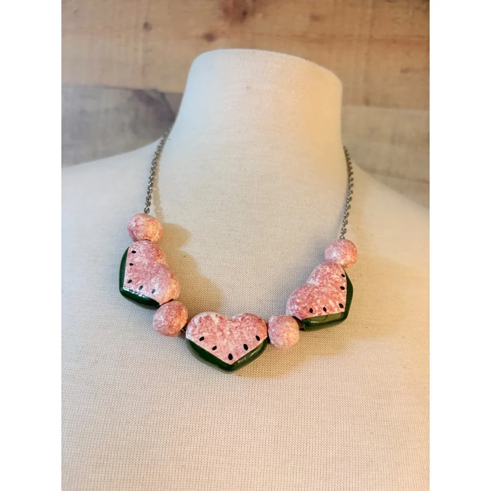 Handmade Ceramic Heart Watermelon Statement Necklace Pink Green Glossy Whimsical